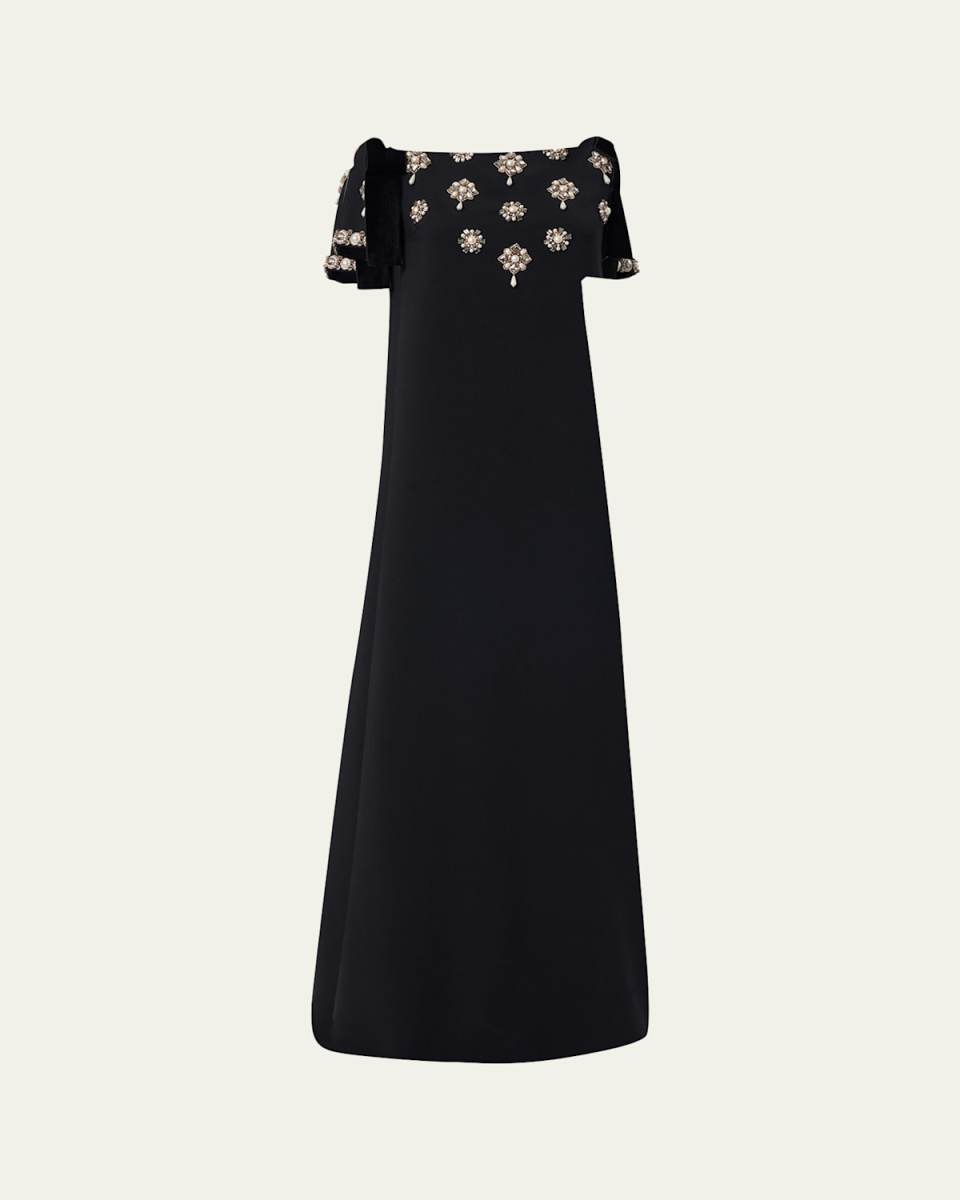 Embellished Bow-Shoulder Crepe Gown